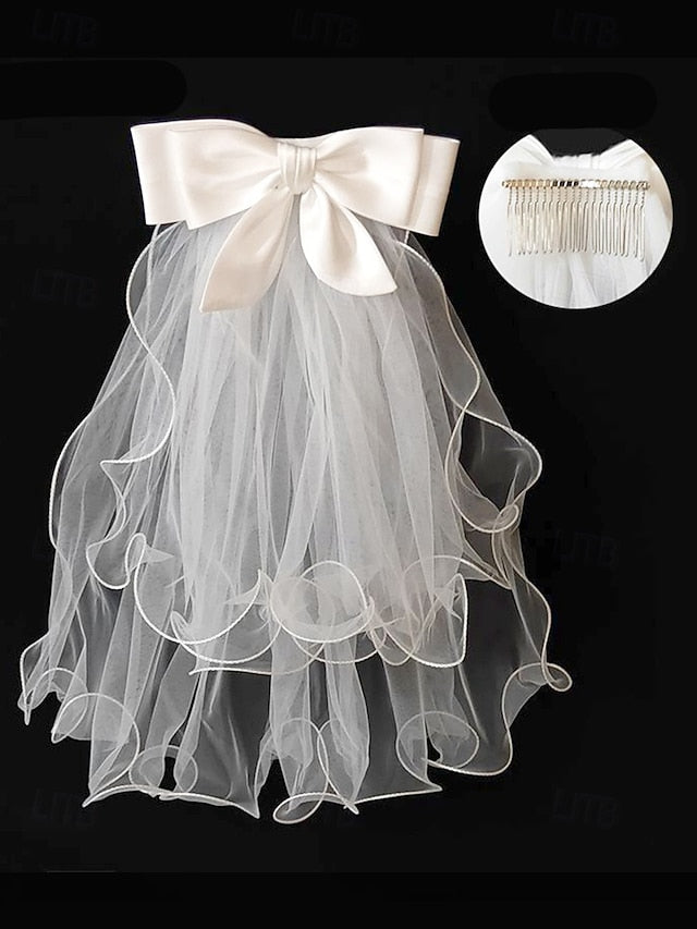Ivory with - Soft Elegant Ribbon Tulle Bridal Satin and Veil