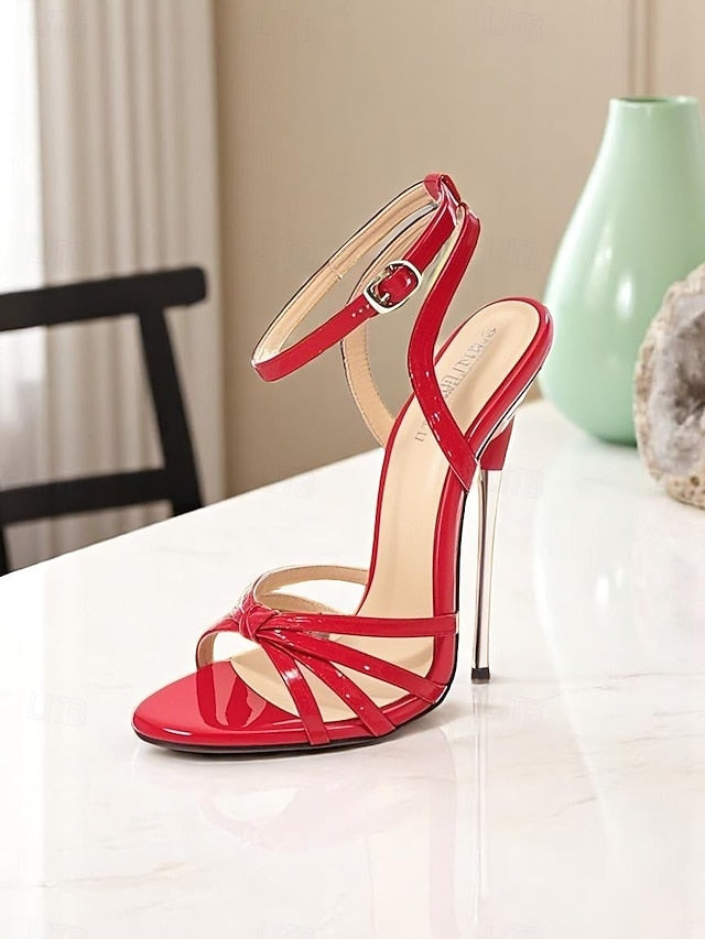 Women's Patent Heels Red Stiletto Leather Knot - Strappy