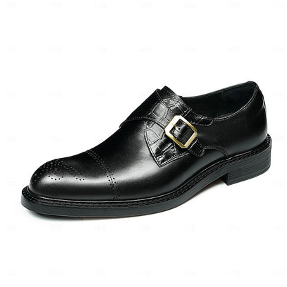 First Men's Genuine Strap Monk Black Leather Shoes-