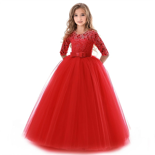 Flower Solid Girls' Kids Wedding Girl Colored Dress