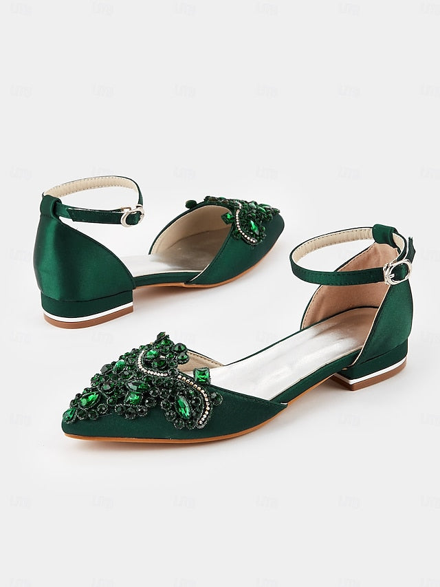 Style Flats Green Vintage Pointed-Toe Gemstone Embellished –