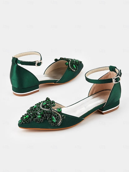 Style Flats Green Vintage Pointed-Toe Gemstone Embellished –