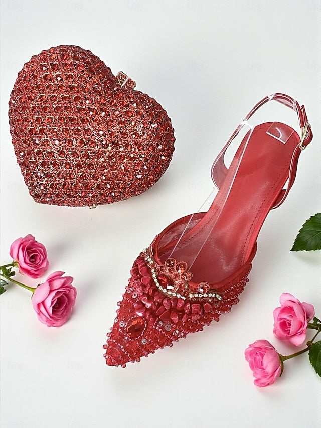 Heel Rhinestone Women's Shoes Green Set and Clutch - Bag