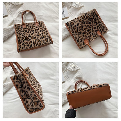 Leopard Bag Fur Brown Leather Women's Faux Print with Tote