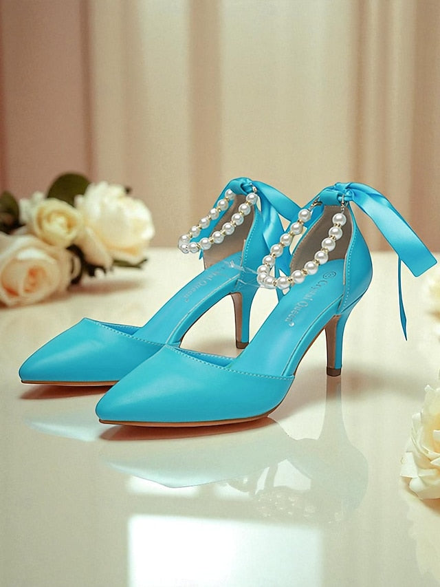 Heel - with Kitten Blue Women's Pumps Ankle Pearl Strap Bow