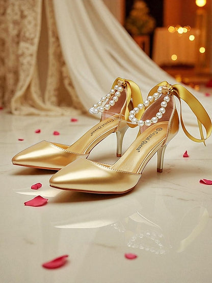 Heel - with Kitten Blue Women's Pumps Ankle Pearl Strap Bow