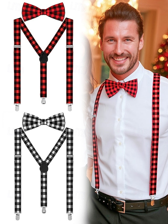 Set Suspender Tie and Christmas Bow Men's Adjustable Plaid