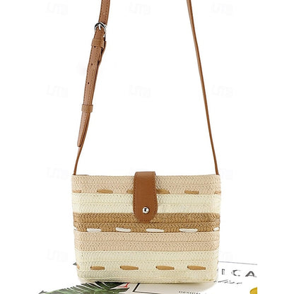 Woven with Women's Colorblock Straw Striped Brown Tote Bag