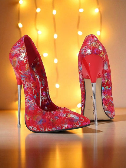 High Red Jacquard Women's Stiletto Heels