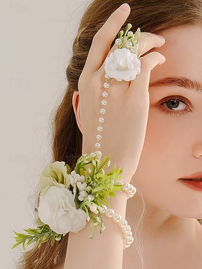 Pearls Floral Jewelry and – White Elegant with Hand Wrist Set