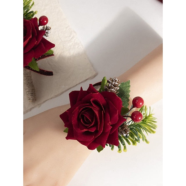 Boutonniere Red Women's Set Corsage Christmas Rose and