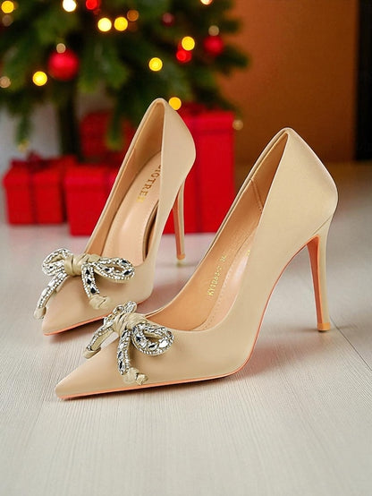 with Crystal Women's Pointed Orange Heels Bow Stiletto -