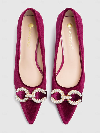 Bow Velvet Heel Women's Kitten - Burgundy with Pumps Pearl