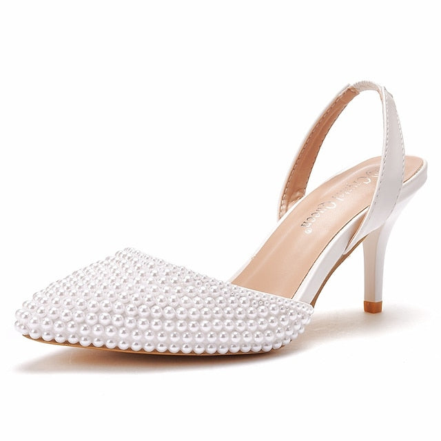 Pearl Embellishments White with – Heels Slingback Women's