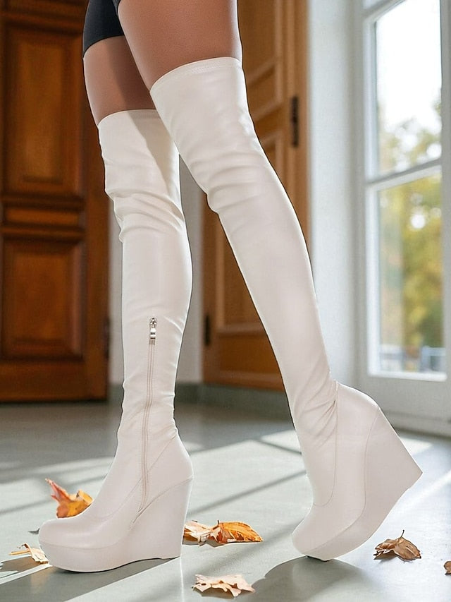 the Knee Heel Women's Wedge Faux Leather - Boots Over Black