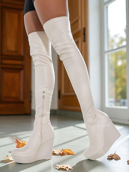 the Knee Heel Women's Wedge Faux Leather - Boots Over Black