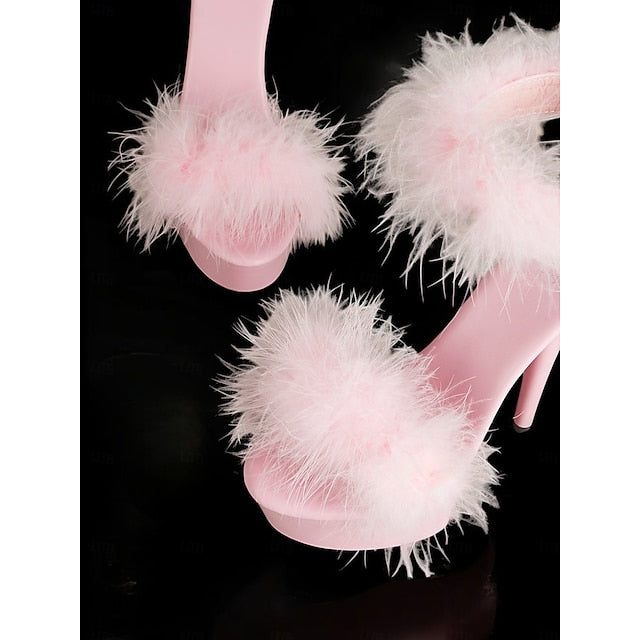 Fluffy Heels Platform Sandals High Pink with –Stylish