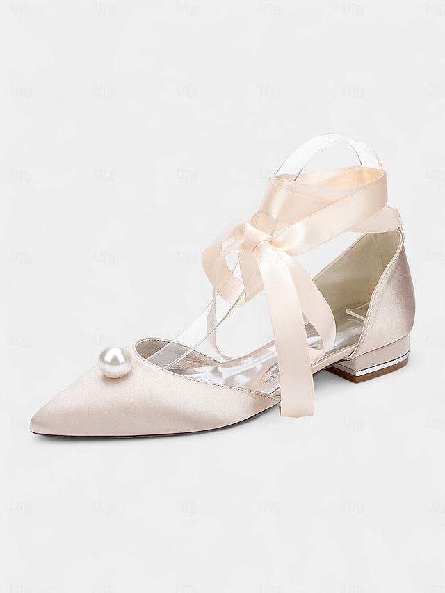 - Navy Pearl Satin Pointed Flats Embellished Toe Women's