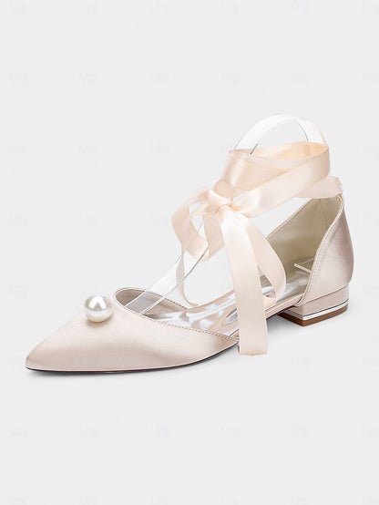 - Navy Pearl Satin Pointed Flats Embellished Toe Women's