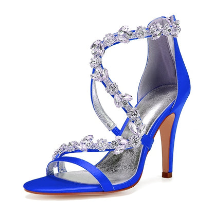 High Women's Floral Pink Rhinestone Sandals Heel with Satin