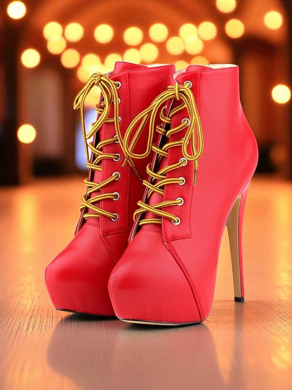 Leather Ankle Beige Platform Faux Women's - Boots Lace-Up