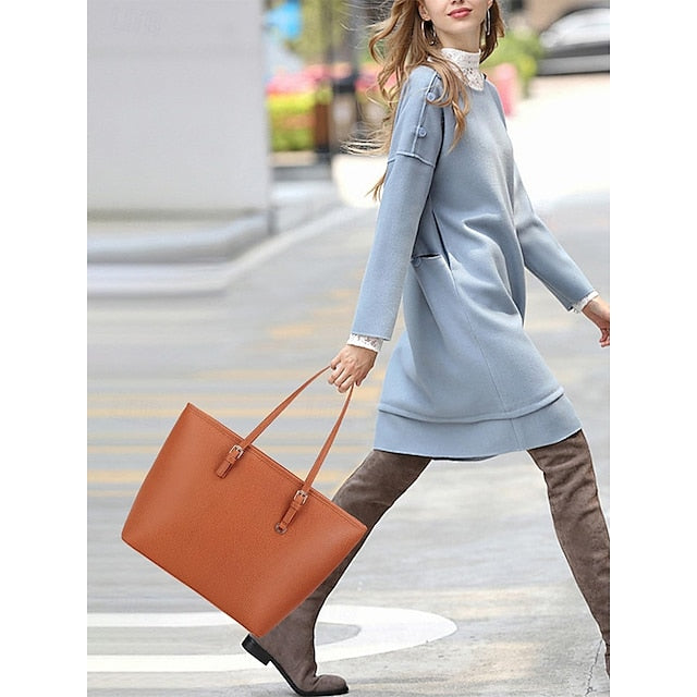 Faux Brown Leather Large Bag Classic Women's Tote -