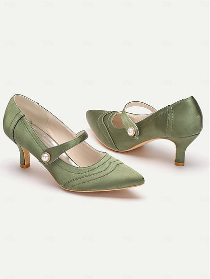 Pearl Button Mary Heels Green - Jane Elegant with Satin
