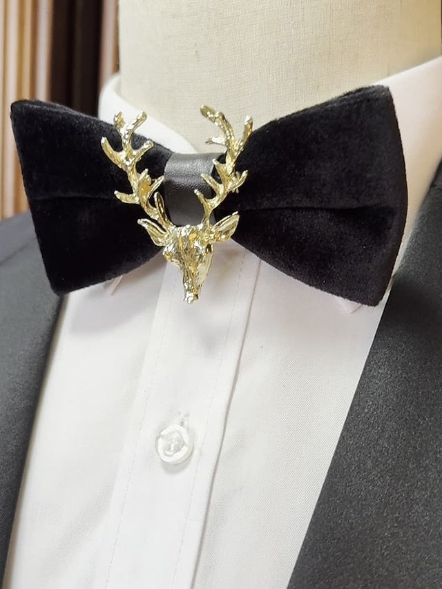 Tie Head Pin Gold Bow with Velvet Deer Men's