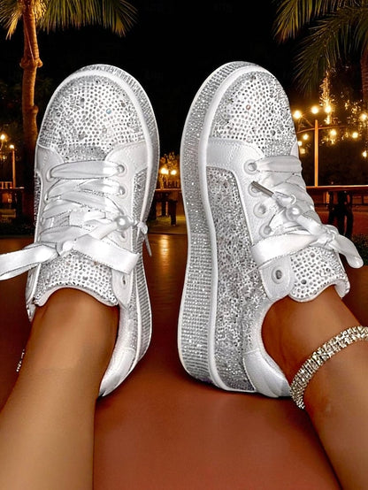 Glamorous Sparkly Sneakers Lace-Up Women's - Rhinestone