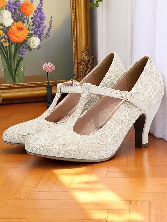 Lace Ivory Heel Women's Pumps-1920s Mid T-Strap Vintage