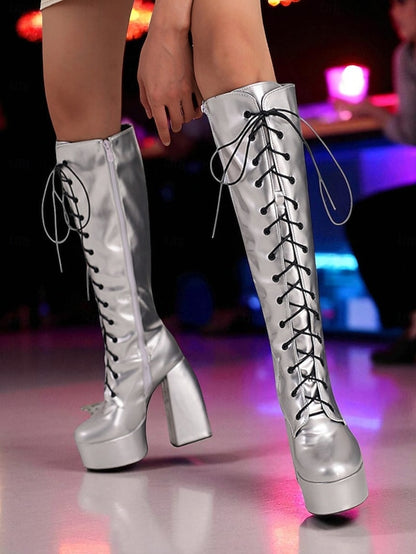 Silver Knee - Boots Platform Women's Metallic High Lace-Up