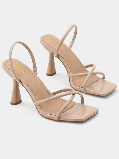Design Strappy Sandals Square Beige Toe – Heeled with