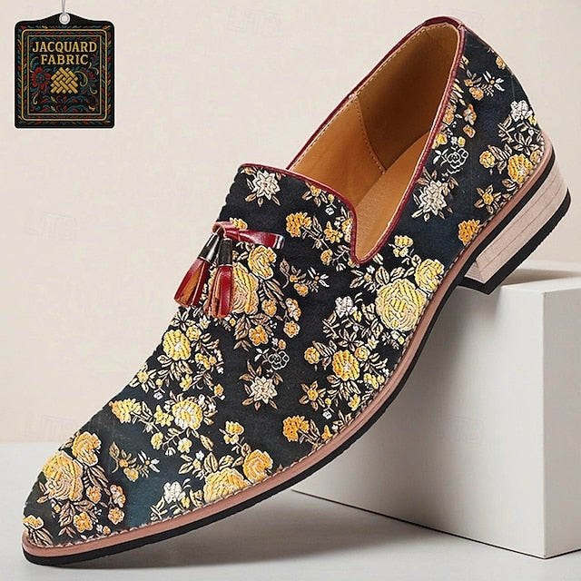 with Jacquard Loafers Floral Pattern Tassels for Men's