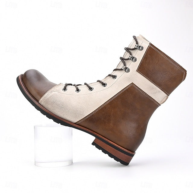 Mid-Calf Two-Tone Vintage Leather Men's Boots Lace-Up Faux