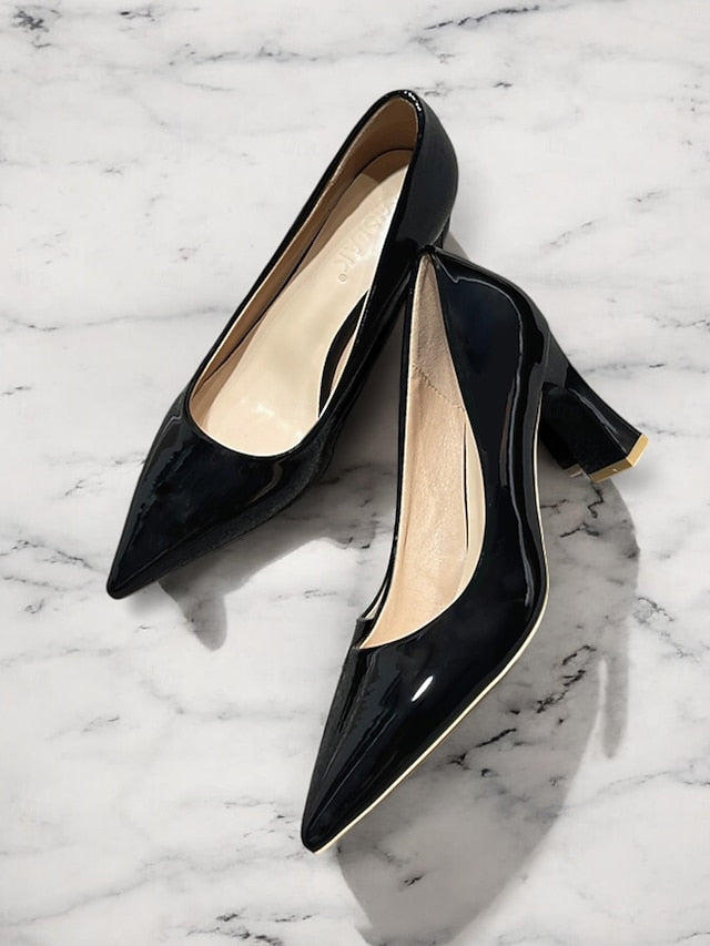 Heel Green Leather Faux Glossy Patent Pumps Pointed-Toe Block
