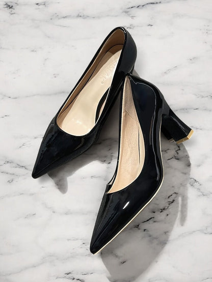 Heel Green Leather Faux Glossy Patent Pumps Pointed-Toe Block