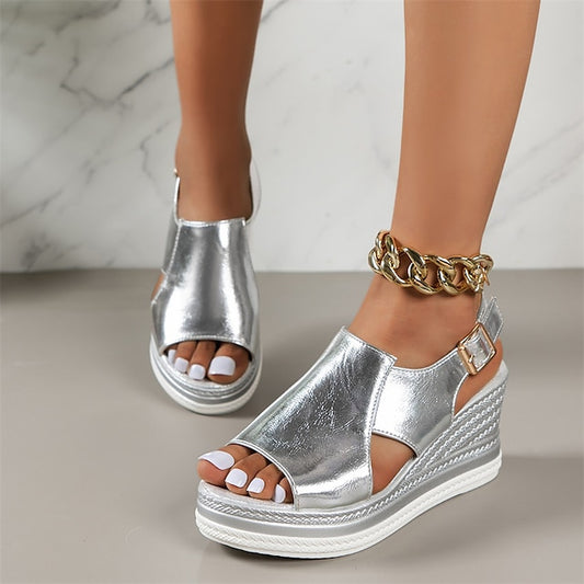 Sandals Wedge Buckle with Women's Metallic Silver Open-Toe