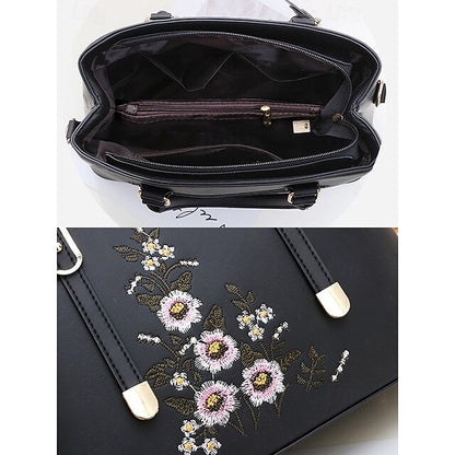 Faux Women's Handbag Embroidery Floral with Leather Green