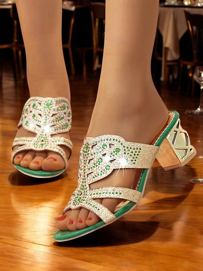 Heeled Embellished and Rhinestone - Green Sandals Gold