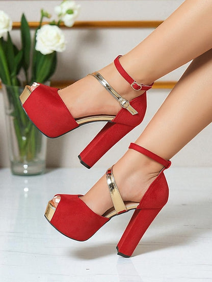Block Peep Heel Red Platform Suede Sandals Toe Women's -