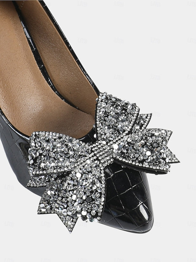 Heels Wedge Glitter Black with Patent Women's Leather Bow