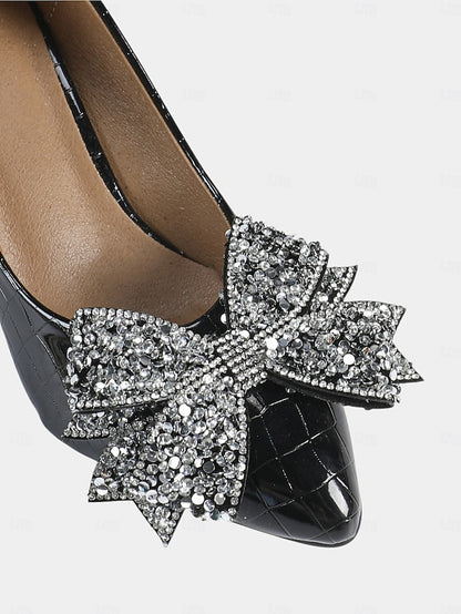 Heels Wedge Glitter Black with Patent Women's Leather Bow