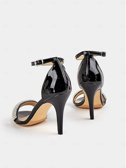 Rhinestone Black Patent with Sandals Leather High Heel