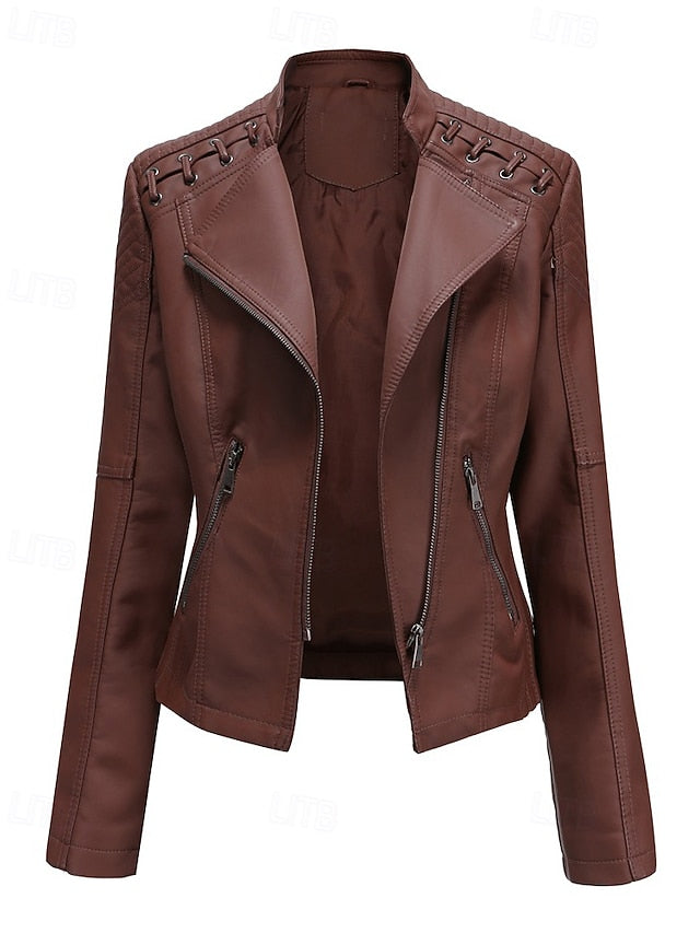 Jacket Zipper Leather Pocket Comfortable Faux Women's