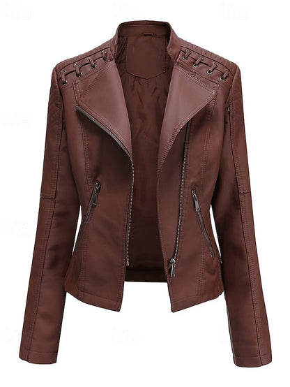 Jacket Zipper Leather Pocket Comfortable Faux Women's