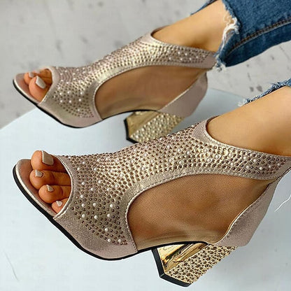 with Heeled Gold Peep Toe Sandals Elegant Women's Glitter
