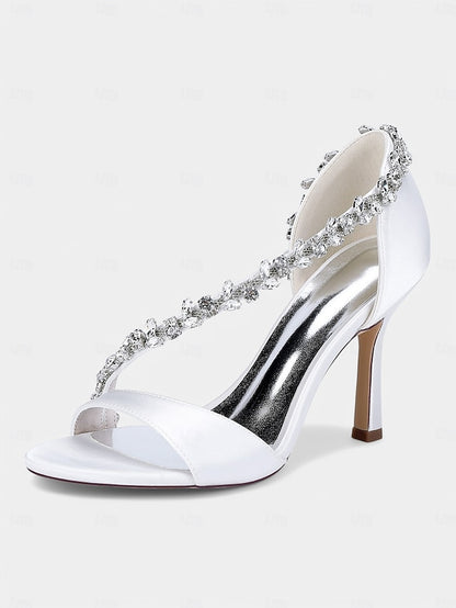 with High T-Strap Champagne Crystal – Women's Heels Satin