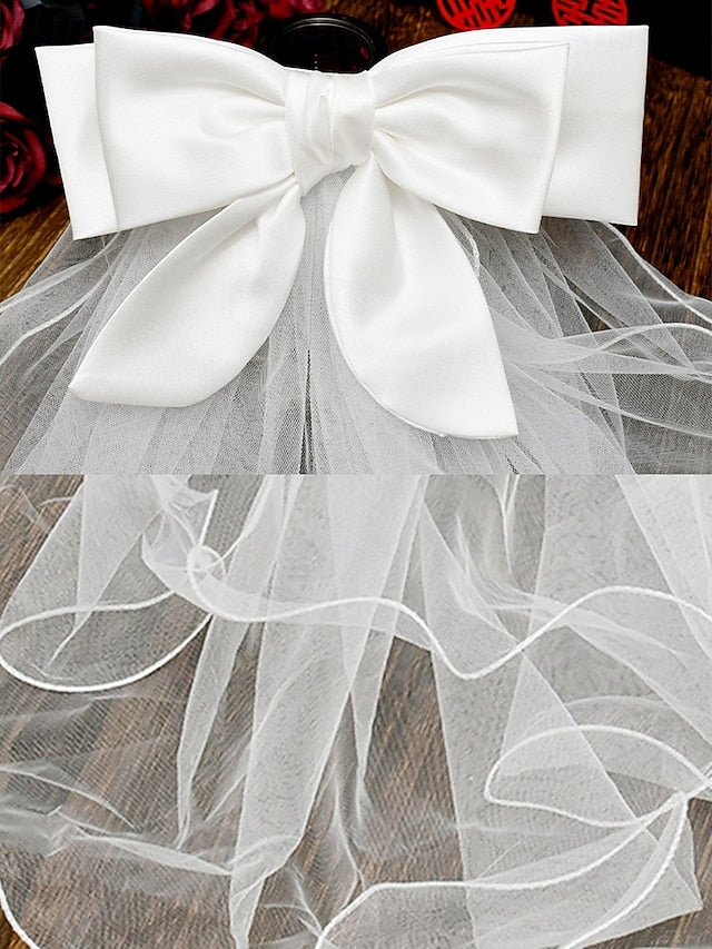 Ivory with - Soft Elegant Ribbon Tulle Bridal Satin and Veil