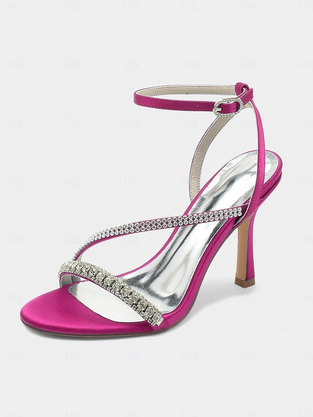 Sophisticated Satin Champagne – Rhinestone Heels Strappy