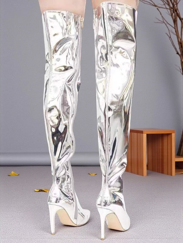 Leather Pointed Black Patent Over-the-Knee Toe Women's